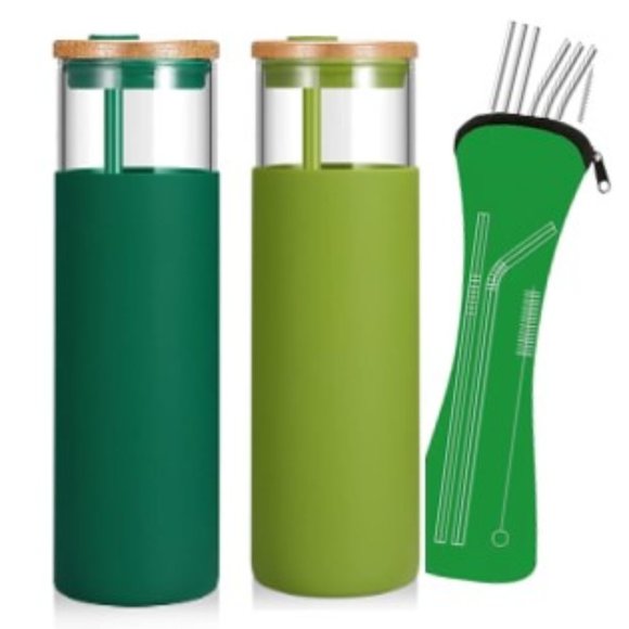 Other - Two 28oz Glass Tumbler Water Bottles & 9pc Straw Set